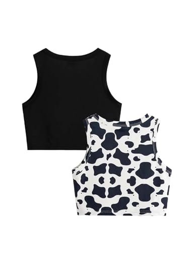 Milumia Girl's 2 Piece Tank Top Cow Print Round Neck Sleeveless Cropped Tops2