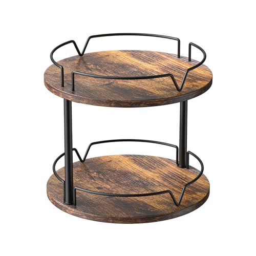 KLM 12" Wood Lazy Susan, Rotating Spice Rack, 2 Tier Spice Turntable Organizer, Industrial Turntable Spice Holder, for Kitchen Countertop and Cabinet, Compact and Versatile, Rustic Brown