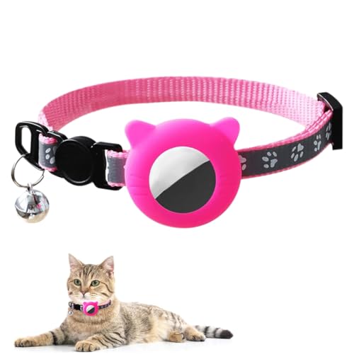 Image of Qpets Pink Cat Collar With Silicone Airtag Holder, Reflective Airtag Case Cat Collar With Bell Quick Release Adjustable Cat Collar For Small Cat Kitten (8.6-10.8 inch, Without Air Tag),27.5 Cm