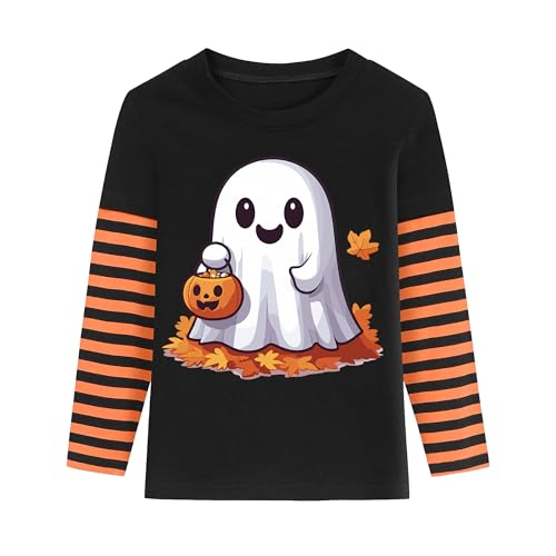 Kids Halloween Shirt Boys Girls Skeleton Hocus Pocus Pumpkin Face Glow in The Dark Graphic Tees Stripe Toddler Long Sleeve