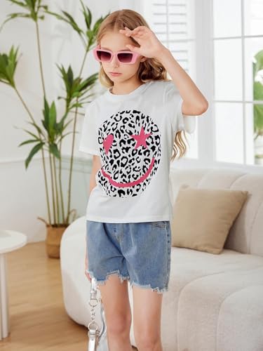 Image of WDIRARA Girl's Leopard Graphic T Shirt Crew Neck Short Sleeve Tee Shirts Cute Tops