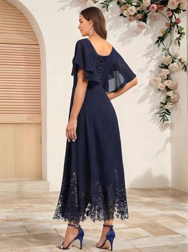 Tea Length Mother of The Bride Dresses for Wedding Lace Beaded Formal Evening Dress with Sleeves2