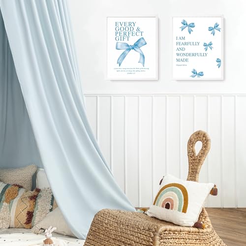 Image of LARTSFRO Coquette Blue Bow Bible Wall Art Decor Poster, Blue Bow Bathroom Decor, Aesthetic Teen Girl Living Room Bathroom Decor, Trendy Gifts for Women Teens Teen Girls, 10x8 Inch Set of 4 Unframed