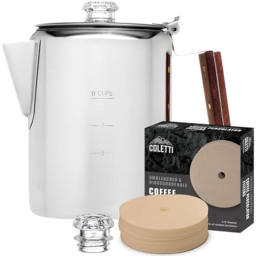 COLETTI Bozeman Super Bundle Percolator Coffee Pot Camping Coffee Pot 2x Glass Globes 100-Pack of Natural Filters Campings Best Percolator Pure Stainless Steel [9 Cup Bundle]