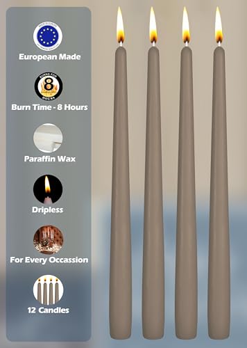 Hyoola 11107 12 Pack Tall Taper Candles - 10 Inch Taupe Gray Dripless, Unscented Dinner Candle - Paraffin Wax thumb #2