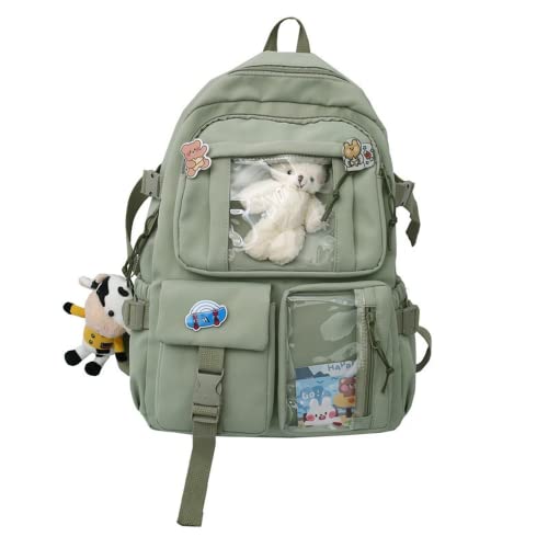 Mochila Kawaii Anime Estético Bonito com Pinos Pingente de Urso de Vaca Bolsa Escolar Animal Desenho