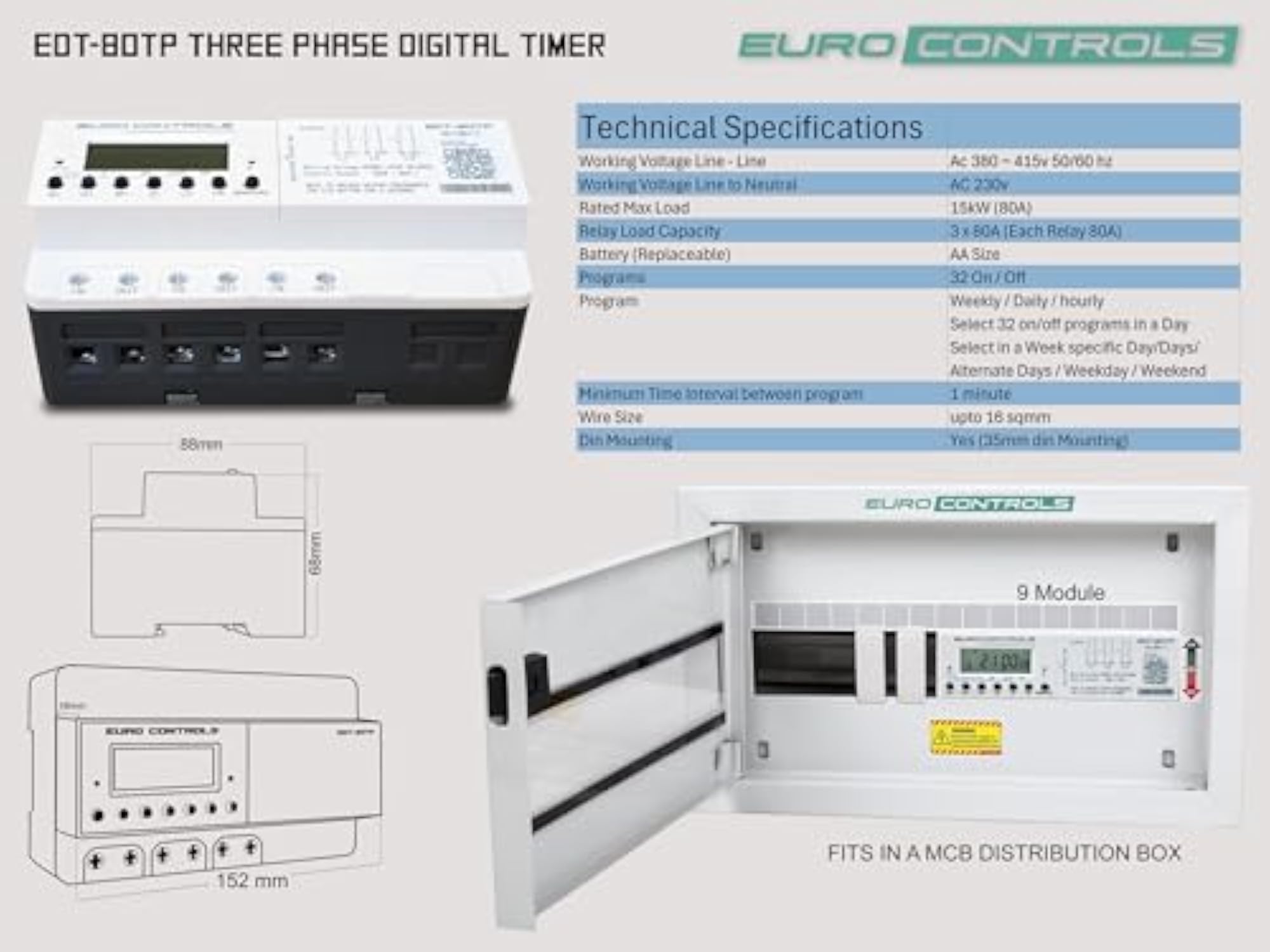 EDT80TP Phase Digital Timer Switch, 32 on/Off Programmable