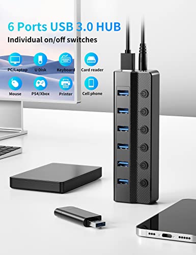 6-Port Usb 3.0 Hub, Lurmmue Usb Splitter For Laptop With Individual On/Off Switches And Light, 3Ft Long Cord, Usb Port Hub Extension For Pc And Computer #TOP1