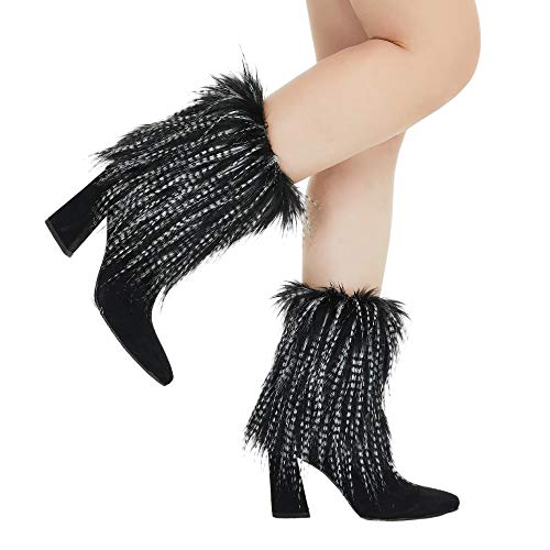 Fur Fuzzy Leg Warmers Womens Short Warm Fur Boot Cuffs Covers, Cozy, Christmas, Halloween, Unicorn, Hippie Costume(Tribal Stripes, 7.9 in)