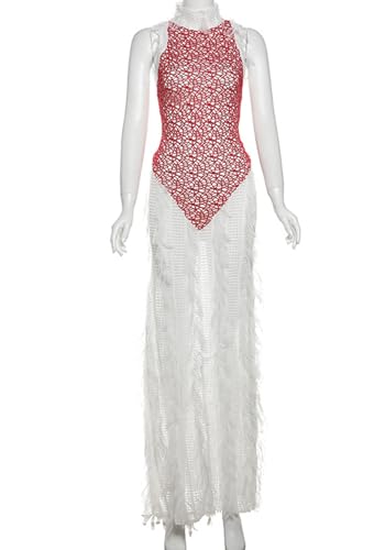 Image of Geulis Women's Sexy Fringe Bodycon Dress Summer Backless Sleeveless Patchwork Hollow Out Long Maxi Dresses Nigh Out Red