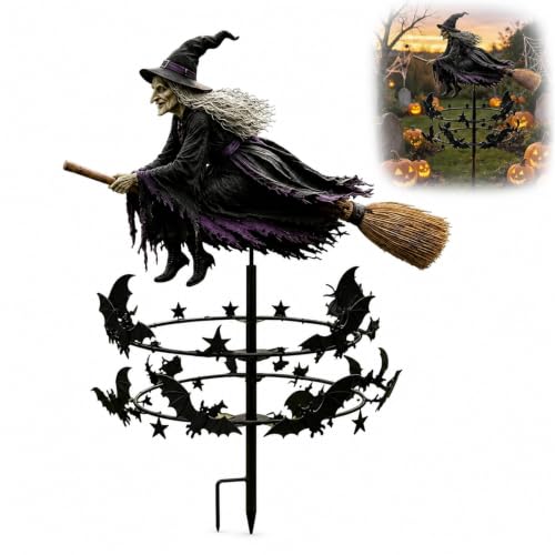 The Enchanted Witch Garden Wind Spinner Wind Spinners Outdoor for Yard and Garden Metal Yard Art Halloween Decorations Outdoor with Flying Witch Kinetic Bat Ring Lawn Patio Decor (1 pcs)