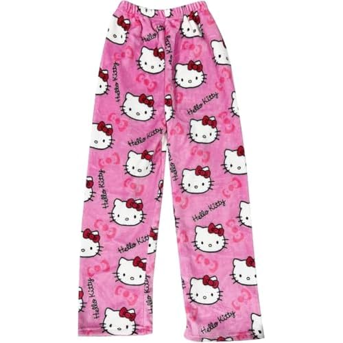 Pyjama Hose Kitty Schlafanzug Damen Pyjamas Hosen Lang Flanell Pyjama Hose Damen Schlafhose Weich Kawaii Pyjamas Anime Bequeme Schlafanzughose Frauen Anime Cartoon Casual Herbst-Winter (pink, M)