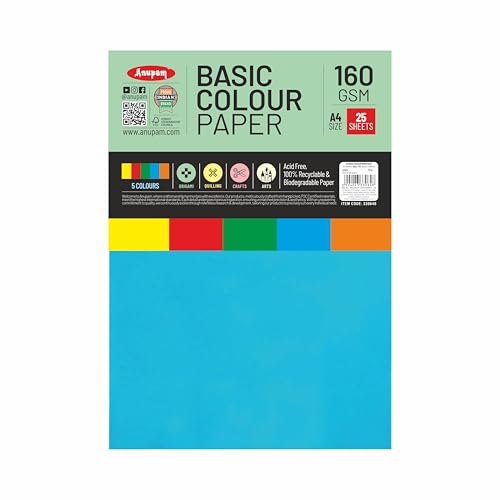 Image of Anupam 25 Sheets Colored Basic Craft Paper A4 Size 160 GSM 5 Assorted Color Paper Multi Color Card Stock Paper for Crafts, Card Making, Scrapbooking, DIY, School Supplies, Printing and Stationery