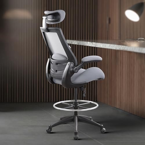 Image of BOLISS 400lbs High Back Computer Office Drafting Chair Flip up Armrests Lumbar Support Adjustable Big Footrest Ring (Grey)