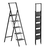 5 Steps Lightweight Aluminum Ladder Folding Step Stool Stepladders with Anti-Slip and Wide Pedal for Home and Kitchen Use Space Saving (Black)