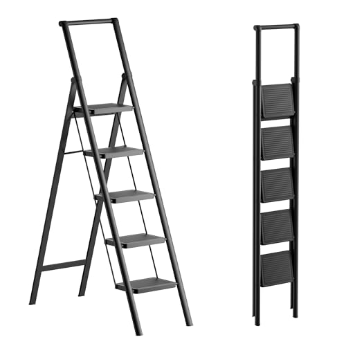 5 Steps Lightweight Aluminum Ladder Folding Step Stool Stepladders with Anti-Slip and Wide Pedal for Home and Kitchen Use Space Saving (Black)