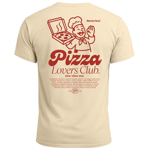 Neverless&reg; Herren T-Shirt Backprint Pizza Lovers Club Printshirt Grafikshirt Fashion Streetstyle Baumwolle Natur L