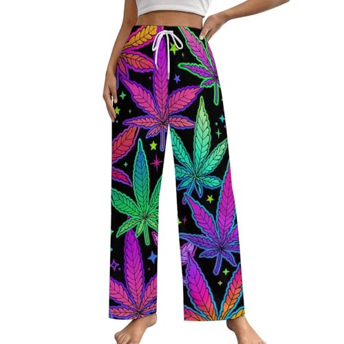 Vêtement pantalon de nuit femme feuilles colorées bas de pyjama ample taille S