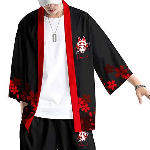 Image of DOSLAVIDA Men's Japanese Kimono Jacket Set Stylish Open Front Coat With Shorts Chinese Style Printed Cardigan Suit
