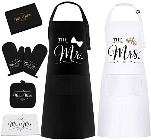 MASGALACC Mr & Mrs Aprons Gift Set for Couple - Wedding Anniversary for Couple, Engagement Gifts for Women, Bridal Shower Gift for Bride with Dish Towel, Oven Mitts & Pot Holder