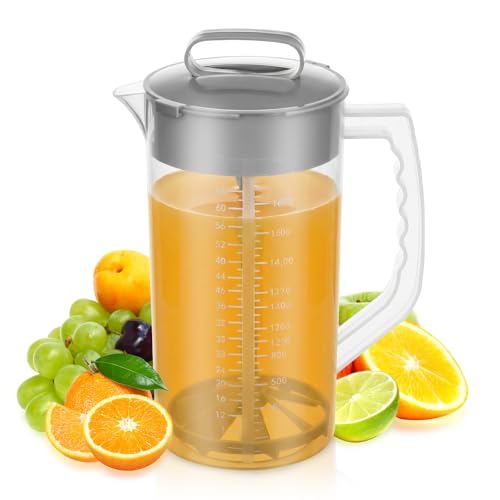 2 Quart/64oz Mixing Pitcher with Adjustable Plunger & Lid - BPA-Free Drink Container for Juice Formula Tea - Wide Mouth Easy Clean Vortex Mixing Technolog