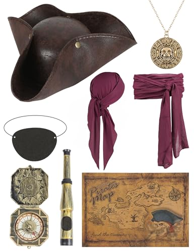LNEPKCD Pirate Hat Women Pirate Costume Accessories with Pirate Hat Eye Patch Necklace and Sash for Halloween Party Cosplay