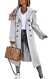 Fisoew Women's Double Breasted Long Trench Coat Windproof Classic Lapel Belted Overcoat with Pockets Medium