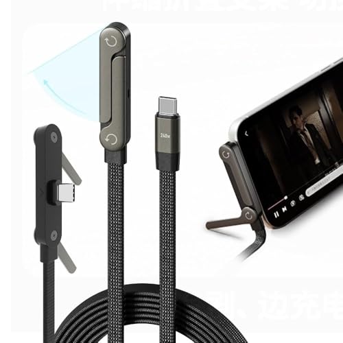 Image of 240W USB Type C to Type C Fast Charging Cable with Foldable Phone Stand, 90 Degree Elbow Nylon Braided Data Cable, 480 Mbps USB C Charger Cord for Gaming, Tablets, Smartphones and Laptops