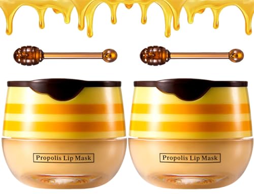 Honey Lip Balm with Stick UK Honey Bee Lip Balm Pot, Moisture Propolis Lip Mask for Dry Cracked Lips, Bee Wax Lip Scrub Exfoliator with Brush for Dark Lips (Propolis)