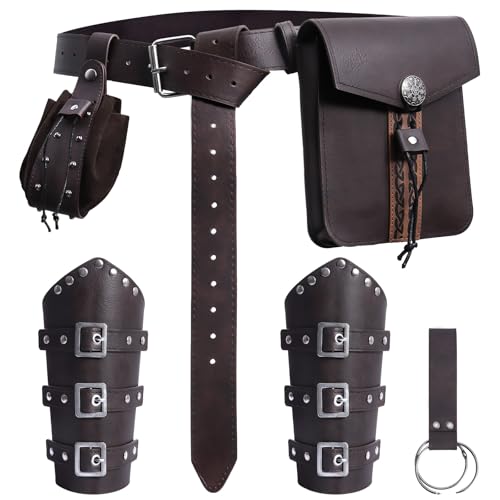 Image of Renaissance Pirate Belt Pouch with Coin Purse Skirt Hike Bracers | 6pack Medieval Viking Pirate Belt Pouch for Halloween Cosplay Ren Faire Accessories. Coffee brown.