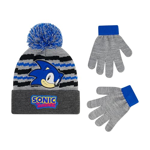 Sonic The Hedgehog Gorro y Guantes de Punto para Invierno con Pompon Negro y Azul