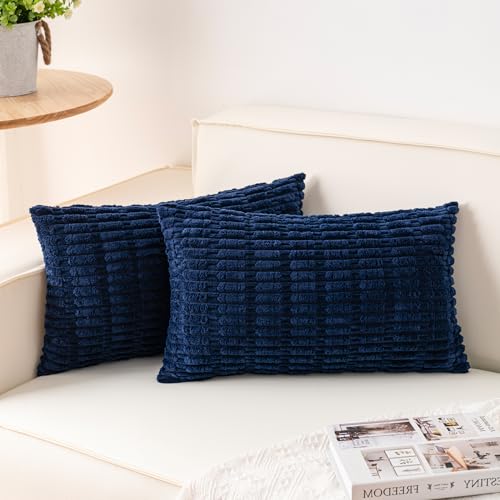 Image of Aegero Pack of 2 Corduroy Decorative Throw Pillow Covers 12x20 Inch, Blue | Fall Soft Striped Pillow Covers Modern Farmhouse Home Decor Christmas Throw Pillow Covers for Sofa Living Room Couch Bed