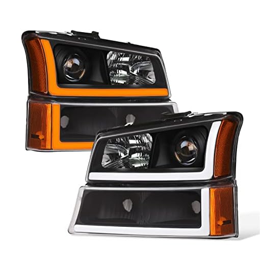 Switchback Sequential LED Tube Bar Black Housing Projector Headlights With Signal Bumper Amber Reflector 4-Pcs nb For Chevy Silverado 03-06 / Classic 2007 / Avalanche 02-06