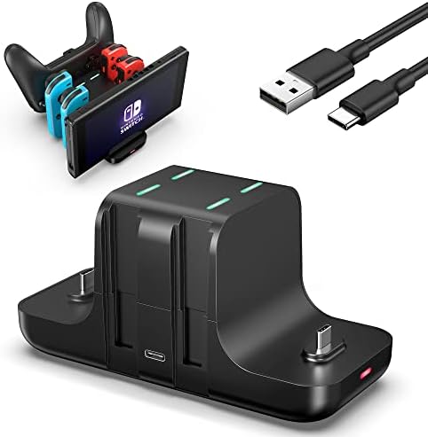 GLDRAM 6 in 1 Switch Charger Dock Station for Nintendo Switch & OLED & Lite Accessories, Charging Dock Storage Stand for Nintendo Switch JoyCon and Pro Controller with USB C Charging Cable, Black
