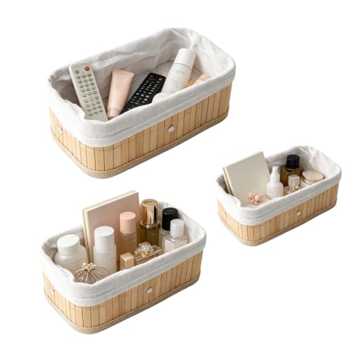 Luckwaii Lot de 3 paniers de rangement rectangulaires en bambou avec insert en tissu