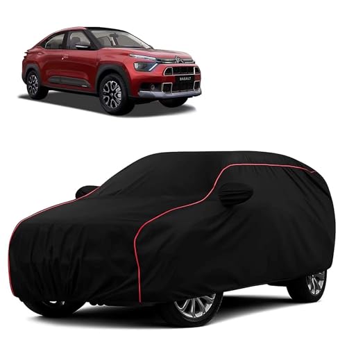 Image of Sulfar 100% Water Resistant Car Body Cover Compatible with Mirror for CITROEN Basalt (Triple Stitched, Full Bottom Elastic, Black with Red Piping)