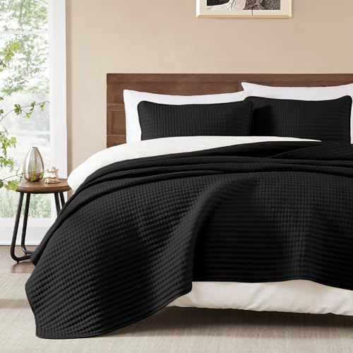 WRENSONGE Queen Quilt-3 Pieces Lightweight Bedspreads Black Queen Size Quilt Bedding Set for All Seasons Soft Summer Coverlet with 2 Pillow Shams Suitable for Bed Couch
