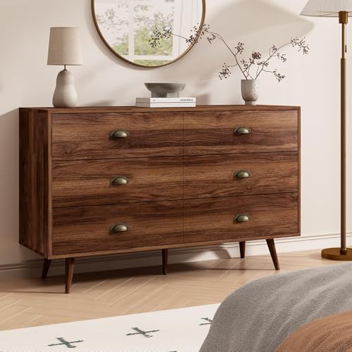 Image of Walnut 6 Drawer Dresser for Bedroom, 47 inch Wood Dresser with Gold Handles.