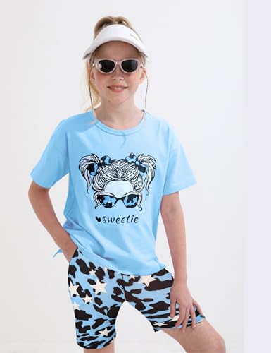Image of mksodopy Girls Summer Clothse Graphic Print Front and Back High and Low Irregular T-shirt Cycling Shorts Set