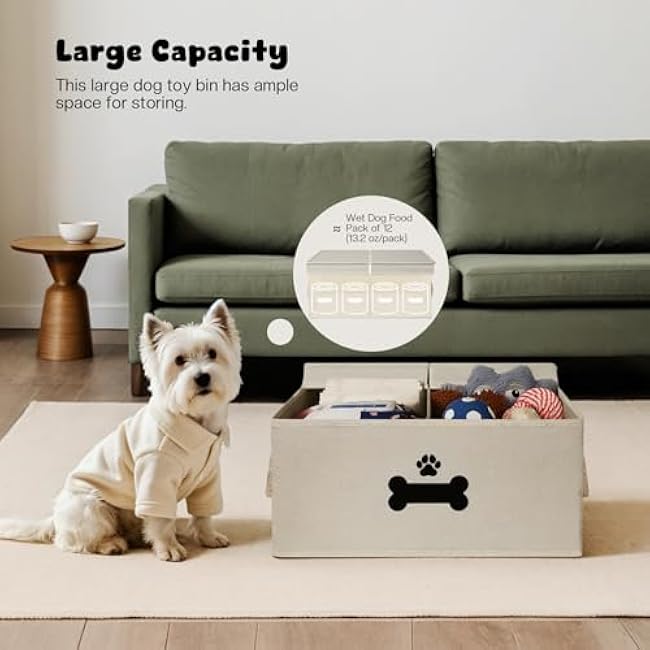 Dog Toy Basket with Double-Open Lid, Divided Dog Basket for Toys, Collapsible Pet Toy Box, Dog Storage Organizer with 2 Divided Area, Puppy Toy Baskets with Rope Handles, Beige