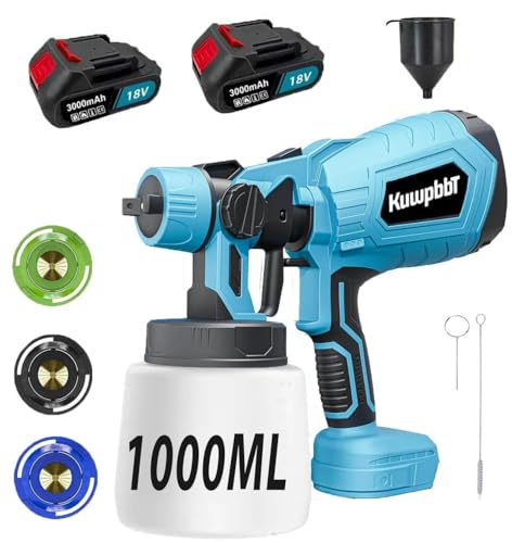 KuwpbbT-Akku spritzsystem, 500W elektrische Sprühpistole, 1000 ml Behälter, 3 Düsen, geeignet für Zaun, Wand, Decke, Möbel (2X3.0Ah Akku)