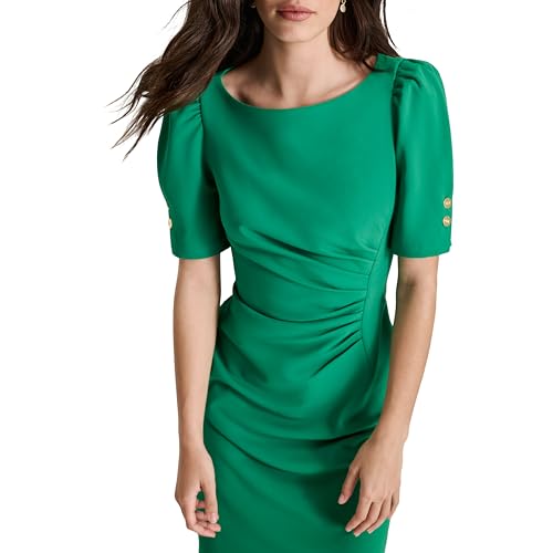 Image of DKNY Women's Short Sleeve Ruched Knee Length Sheath Dress with Button Detail