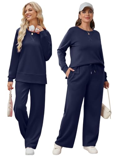 Image of OFEEFAN Women's 2 Piece Lounge Set Travel Airport Outfits Side Slit Tracksuit Wide Leg Loungewear Baggy Comfy Sweatsuit S-3XL