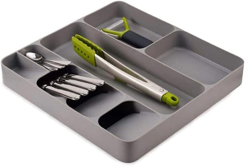 Kitchen Organizer Tray Cutlery Spoon Fork Storage With 3 Compartment Tableware Holder Rack |40 x 38 x 5.5 cm | Plastic | Grey