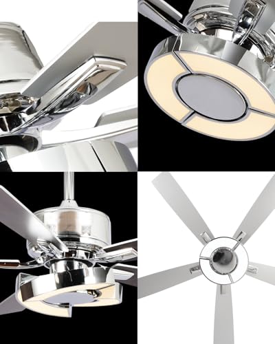 Image of 52 Inch Silver Ceiling Fans with Lights and Remote, Creative Modern Ceiling Fan, 3CCT, 6 Speeds, Quiet, Dual-Sided Reversible 5 Blades Indoor Outdoor Chandelier Fan for Bedroom Living Room