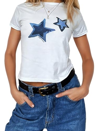 Xineicy Y2K Crop Tops for Women Star Print Tees Vintage Baby Tee Short Sleeve Summer Tops