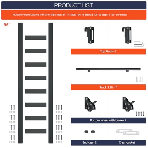 96" Black Sliding Library Ladder with 3.3FT Telescopic Hook Track – Lightweight Aluminum Rolling Ladder with Braking Wheels, Kit for Home, Loft, and Bookshelves