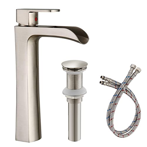 Flash Deals - 40% OFF BWE Waterfall Commercial Spout Bathroom Vessel Sink Faucet Single Handle One Hole Deck Mount Brushed Nickel