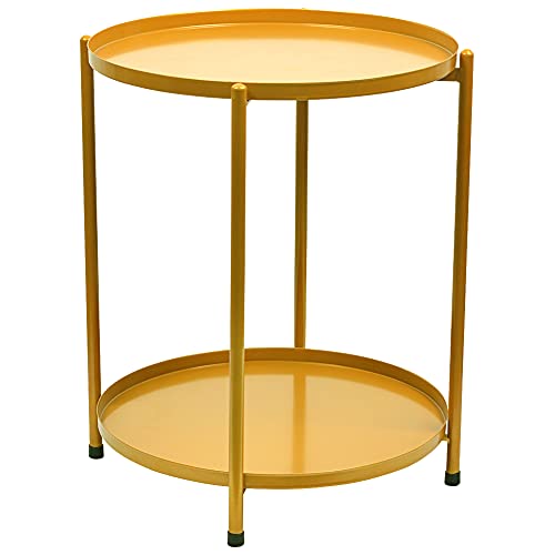 Round Metal Side End Table with Double Tier,Accent Side Table,Coffee End Table Night Stand for Living Room and Bedroom,Anti-Rust and Waterproof (golden)
