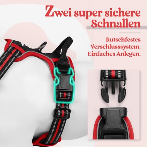 rabbitgoo Hundegeschirr Mittelgroße Hunde, Anti Zug Geschirr mit Kontrolle, No Pull Verstellbar Hundegeschirr Grosse Hunde, Atmungsaktiv Reflexstreifen Brustgeschirr Sichere Führung Schwarz+Rot L
